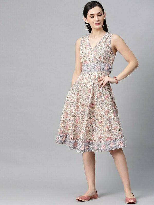 Cream &amp; Pink Floral Printed Sleeveless Skater Dress