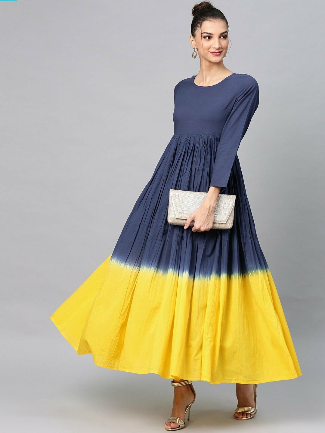 Navy Blue &amp; Yellow Tie &amp; Dye Printed Flared Anarkali