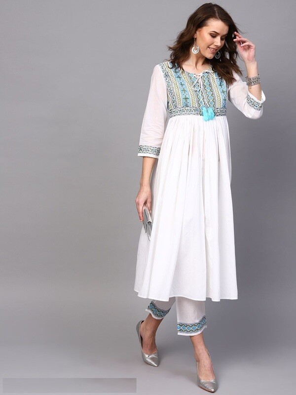 White &amp; Blue Hand Block Printed A-Line Kurta With Pant Set