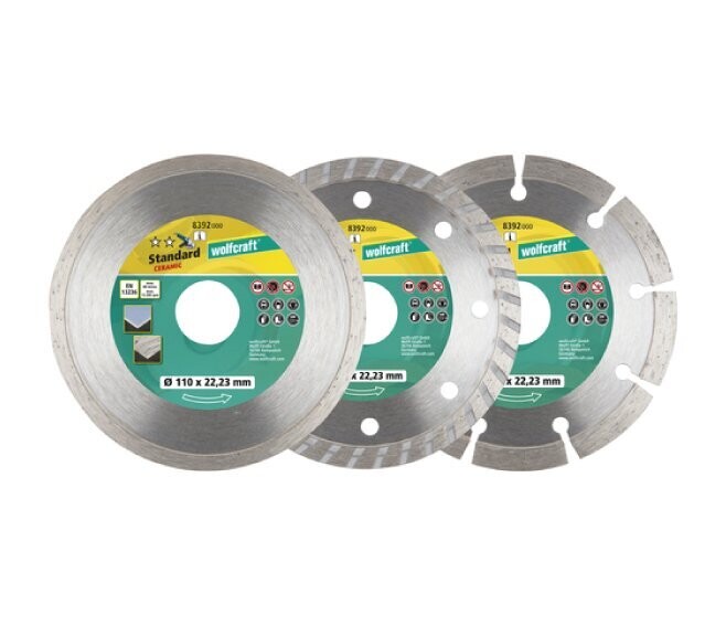 WOLFCRAFT - SET DI 3 DISCHI DA TAGLIO DIAMANTATI DN. 110 MM. TURBO / UNIVERSALE / PIASTRELLE 8392000