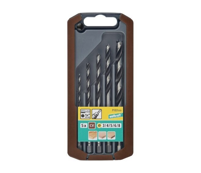 WOLFCRAFT - SET 5 PUNTE ELICOIDALI CV PER LEGNO CODOLO ESAGONALE DN. 3, 4, 5, 6, 8 MM. 7122000
