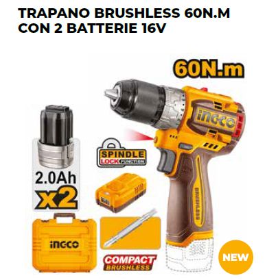TRAPANO BRUSHLESS 60N.M CON 2 BATTERIE 16V