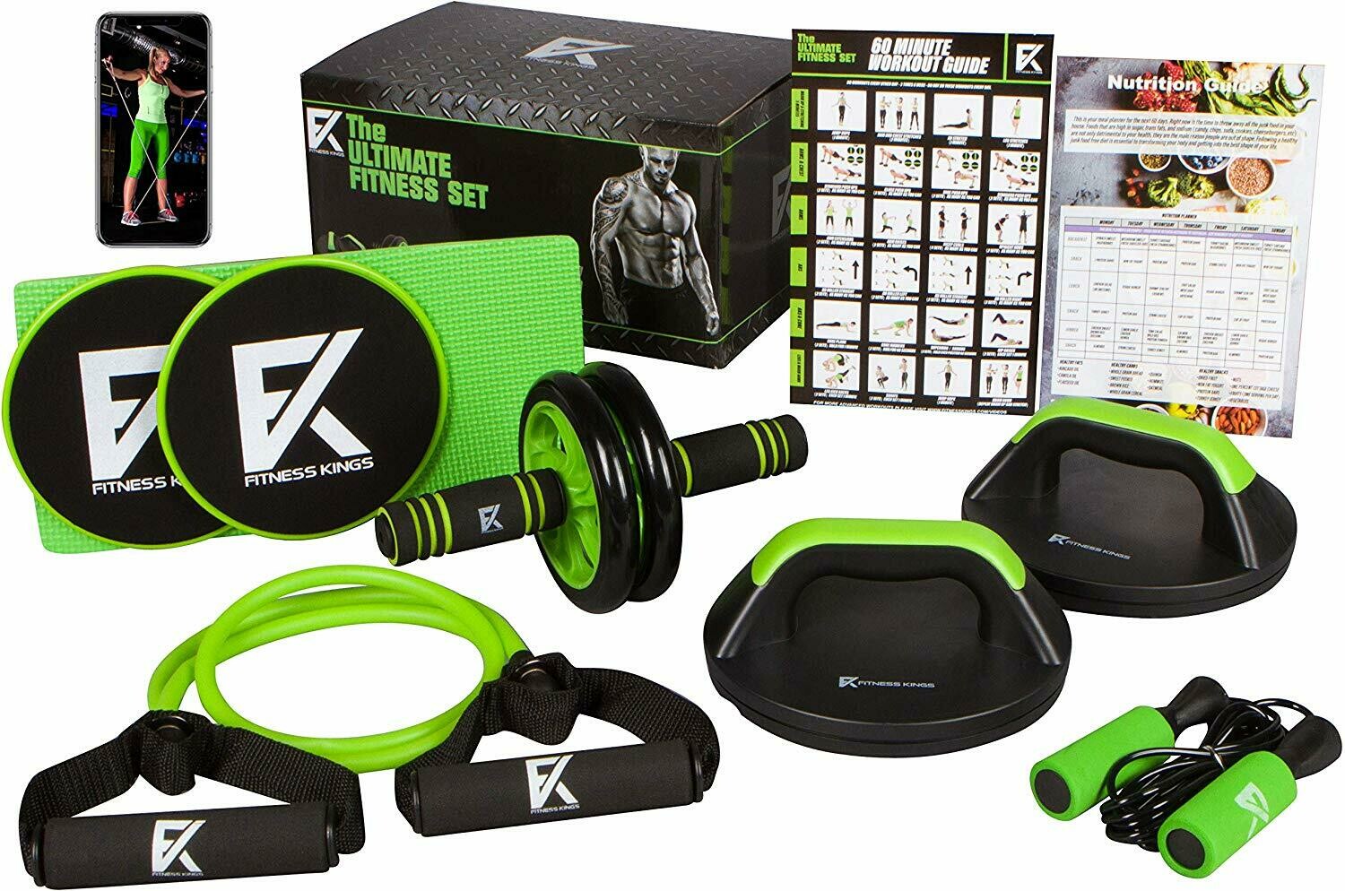 The Ultimate Fitness Set - 5 in 1 Ab Roller Wheel, Rotating Push up Bars, Core Sliders, Resistance Band, Jump Rope Home Gym Set w/Workout Program The Ultimate Fitness Set - 5 in 1 Ab Roller Wheel, Rotating Push up Bars, Core Sliders, Resistance Band, Jump Rope Home Gym Set w/Workout Program