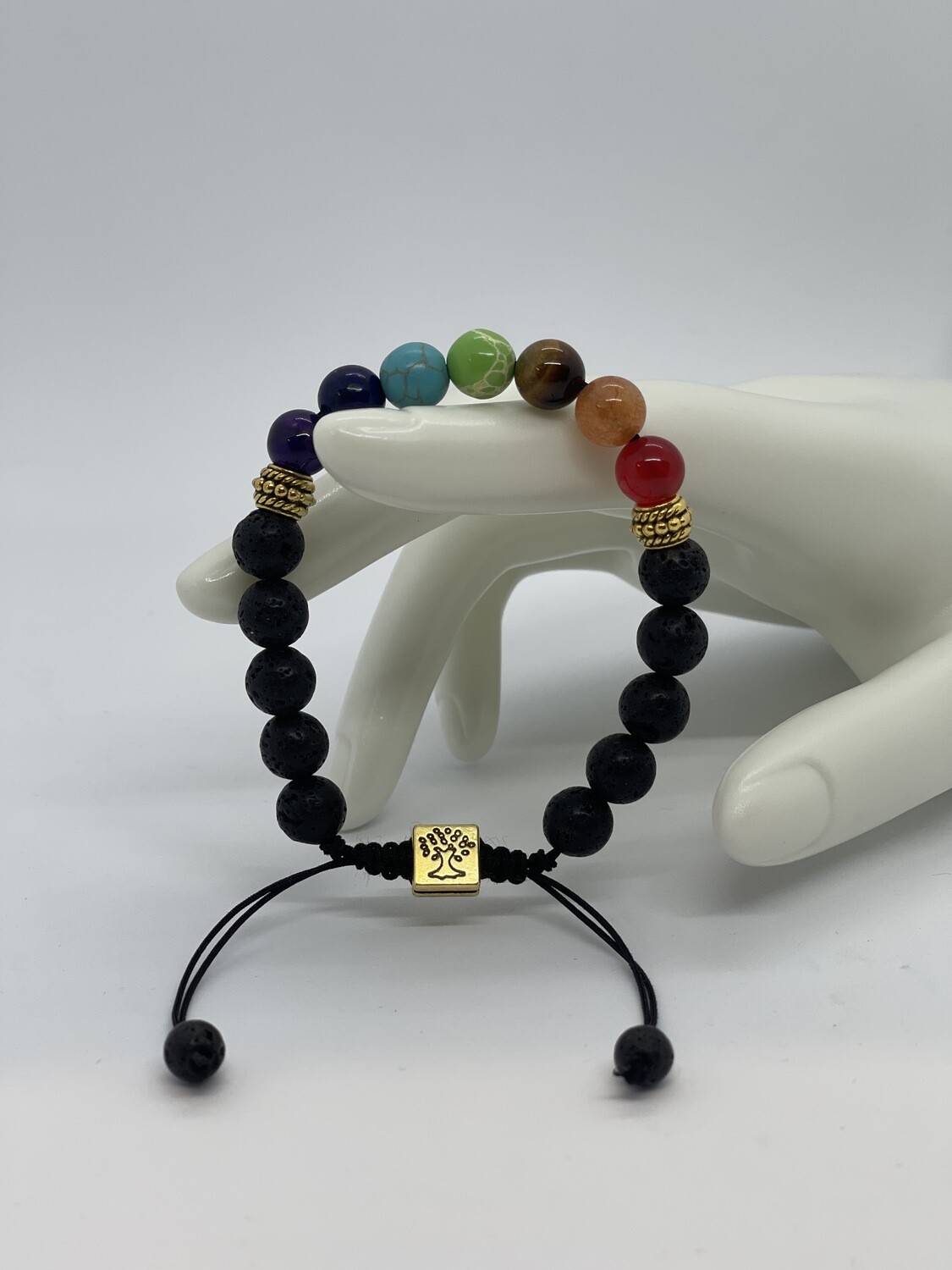 Bracelet : Chakra Elements, Natural Bead Life Tree 7 Chakra Braided Bracelets: Tree of Life - Gold