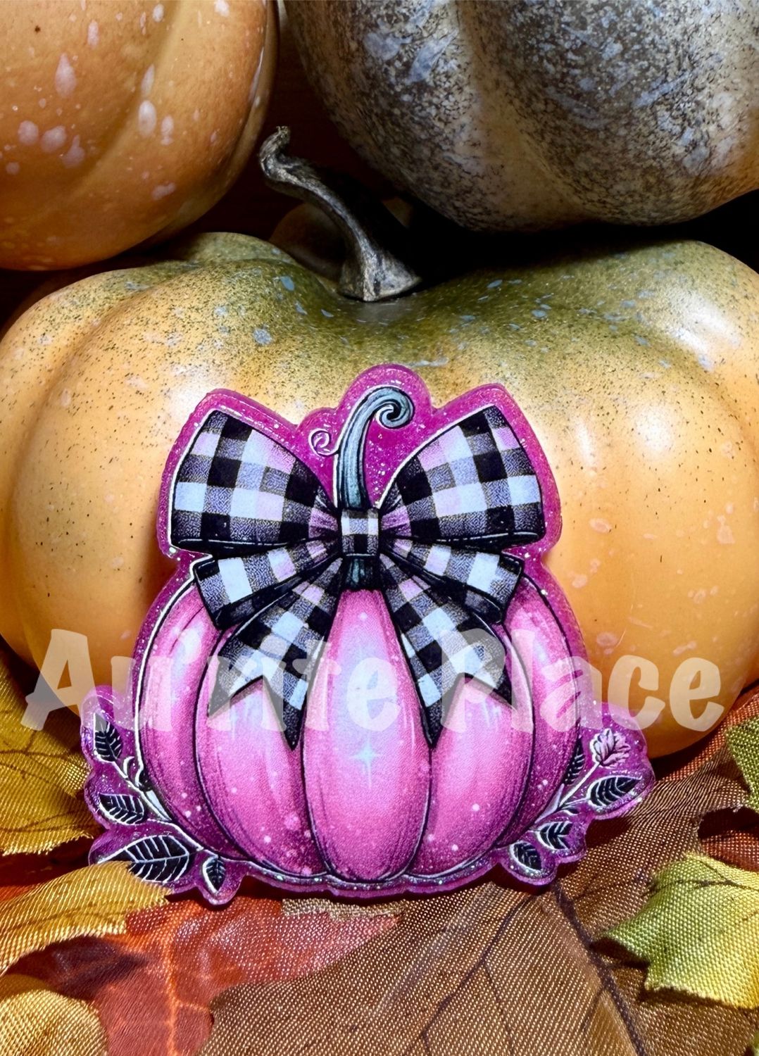 Pink Pumpkin on Checkered Bow
