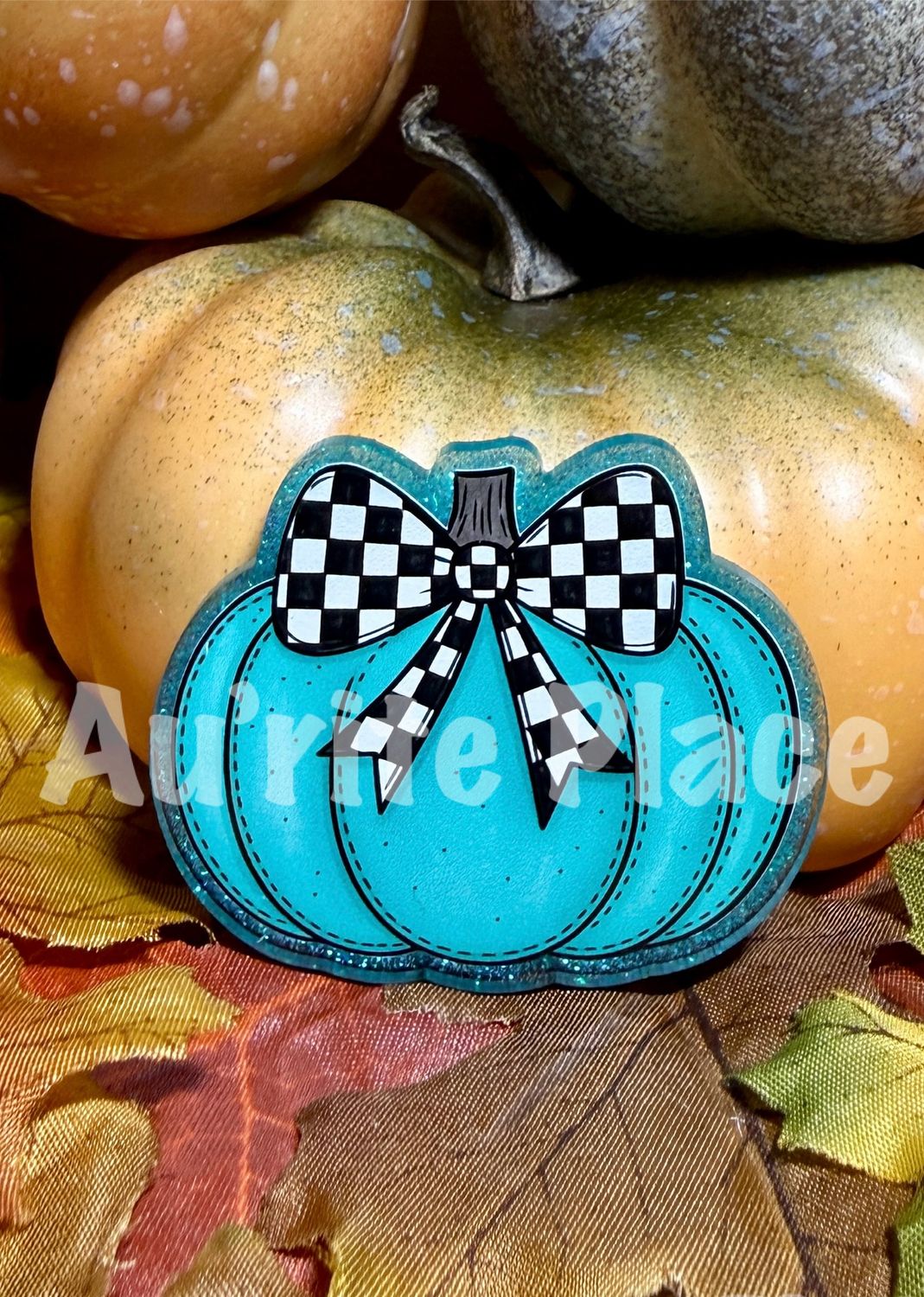 Teal Pumpkin on Checkered Bow