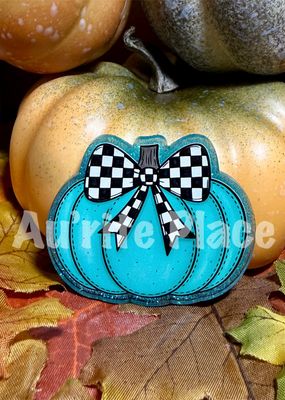 Teal Pumpkin on Checkered Bow