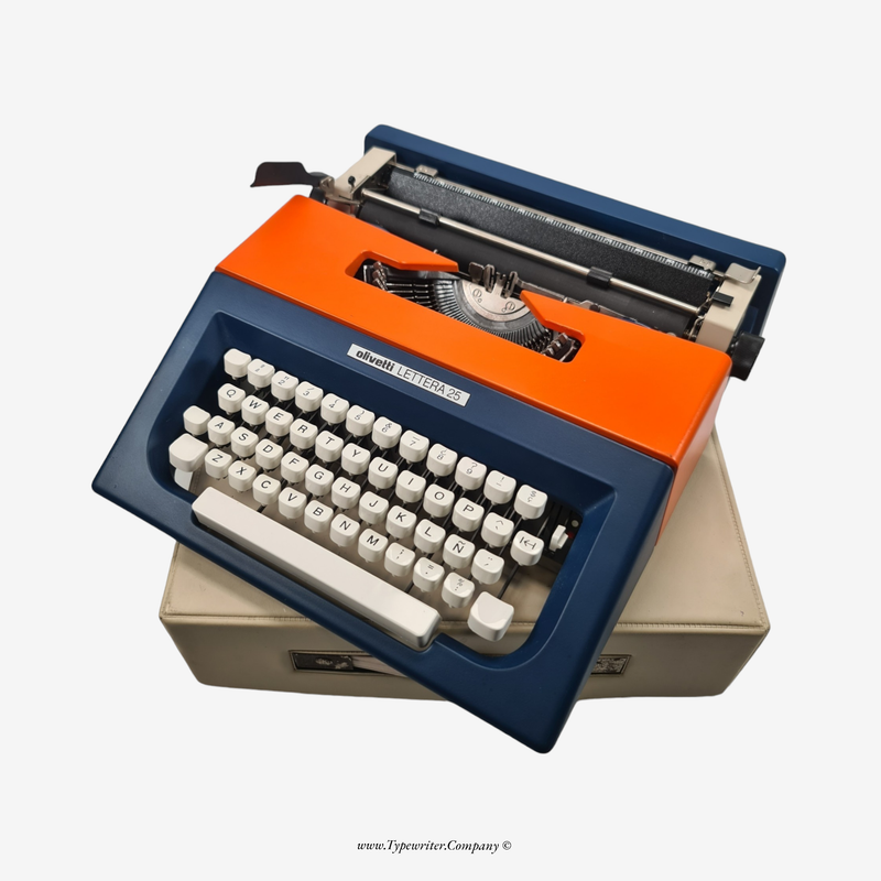 Olivetti Lettera 25, Navy Blue &amp; Orange Vintage Typewriter, Manual Refurbished
