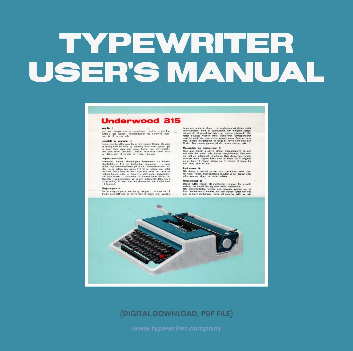 Instruction Manual for Vintage Typewriter Underwood 315, PDF in German
