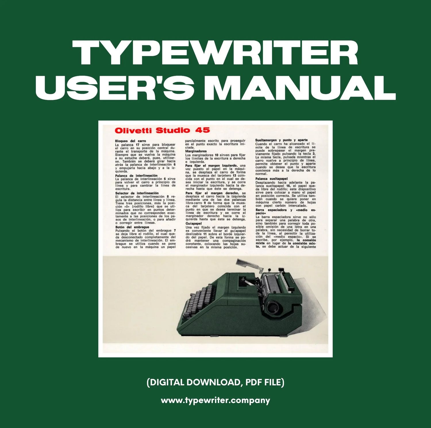 Instruction Manual for Vintage Typewriter Olivetti Studio 45, PDF in Spanish