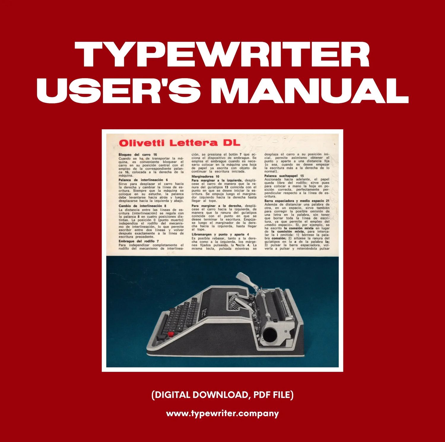 Instruction Manual for Vintage Typewriter Olivetti DL, PDF in Spanish