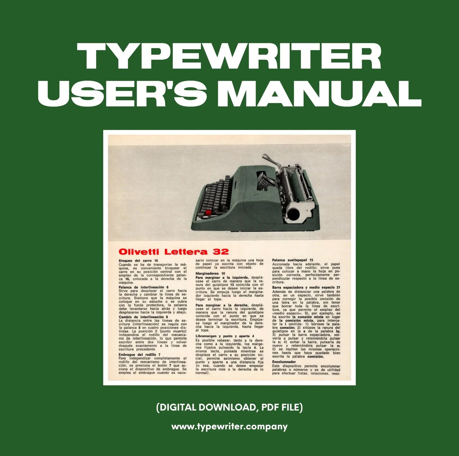Instruction Manual for Vintage Typewriter Olivetti Lettera 32, PDF in Spanish