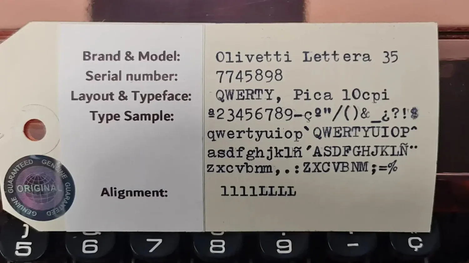 Olivetti Lettera 35, (Ltd.Edition 2 of 50) Copper-Plated Manual Vintage Typewriter, Restored