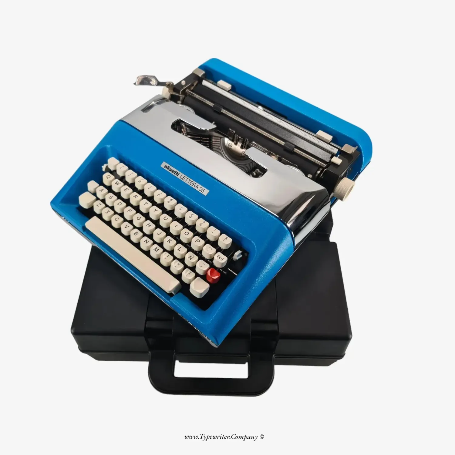 Olivetti Lettera 35 Blue &amp; Chrome Manual Vintage Typewriter, Refurbished