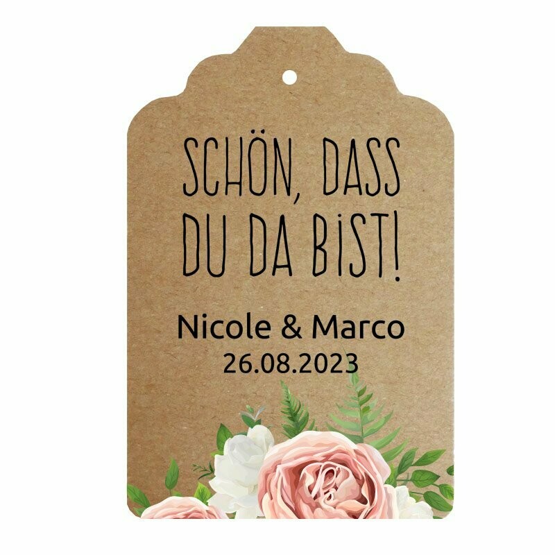 Geschenkanhänger Etikett: Schön, dass du da bist! (Rosenmotiv)