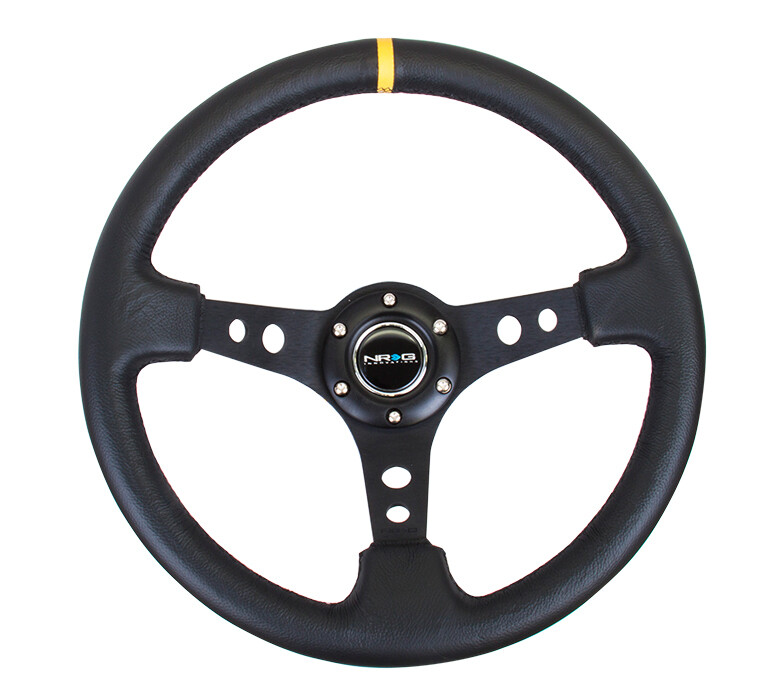 Nrg Innovations  3" Deep Dish Premium Leather Black Stitch, Black Spoke With Round Holes With Yellow Center Mark Steering Wheel
