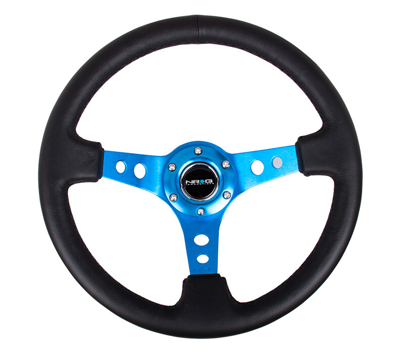 Nrg Innovations 3 Nrg Innovations 3" Deep Dish Premium Leather Black Stitch, Blue Spoke With Round Holes Steering Wheel