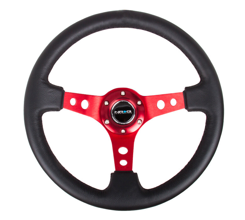 Nrg Innovations  3" Deep Dish Premium Leather Black Stitch, Red Spoke With Round Holes Steering Wheel