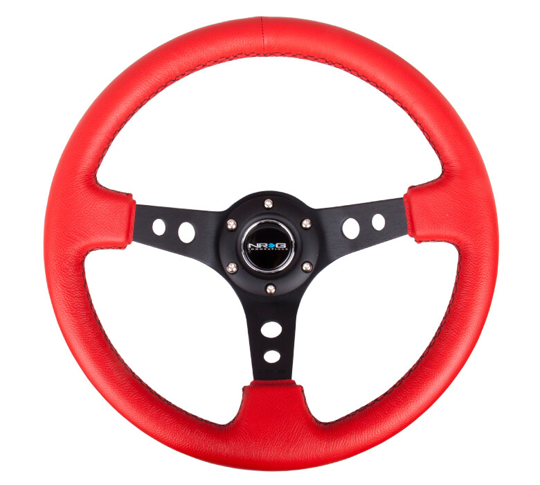 Nrg Innovations  3" Deep Dish Premium Red Leather Black Stitch, Black Spoke with Round Holes Steering Wheel