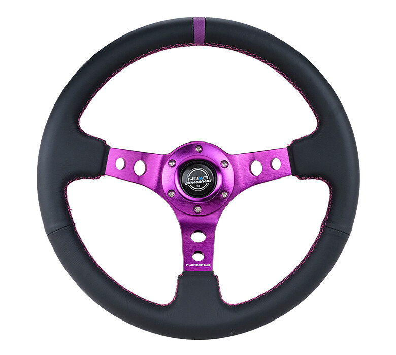 Nrg Innovations 3 Nrg Innovations 3" Deep Dish Premium Black Leather Purple Stitching, Purple Spoke With Holes Steering Wheel