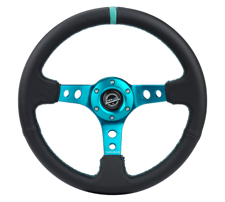 Nrg Innovations 3" Deep Dish Premium Black Leather Teal Stitching, Teal Spoke With Holes Steering Wheel