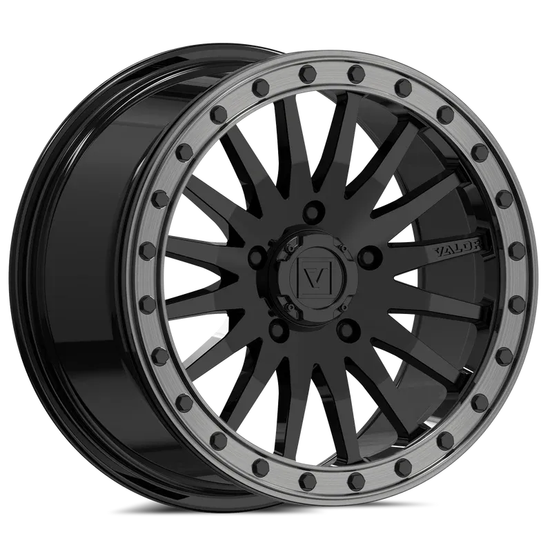 Valor V06 UTV Beadlock 15x8 5x4.5 5x114.3 +40 Gloss Black Grey Ring Wheels