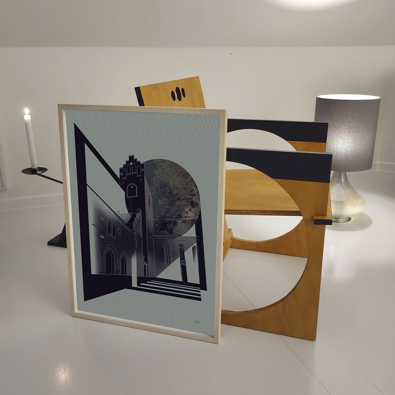 &quot;Månelys over Klostergaarden&quot;, indrammet mat plakat 50x70 cm. Dette værk trykkes kun i 20 indrammede eksemplarer.