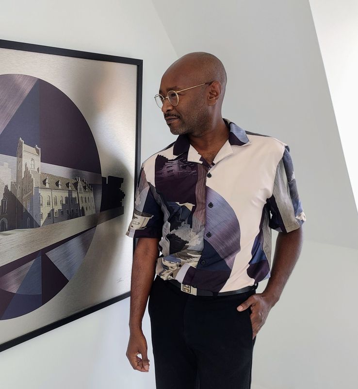 &quot;Udsigt fra Rektorboligen&quot;, unisex button shirt. Make sure when ordering this shirt 2 sizes smaller than normal as it is oversized.
