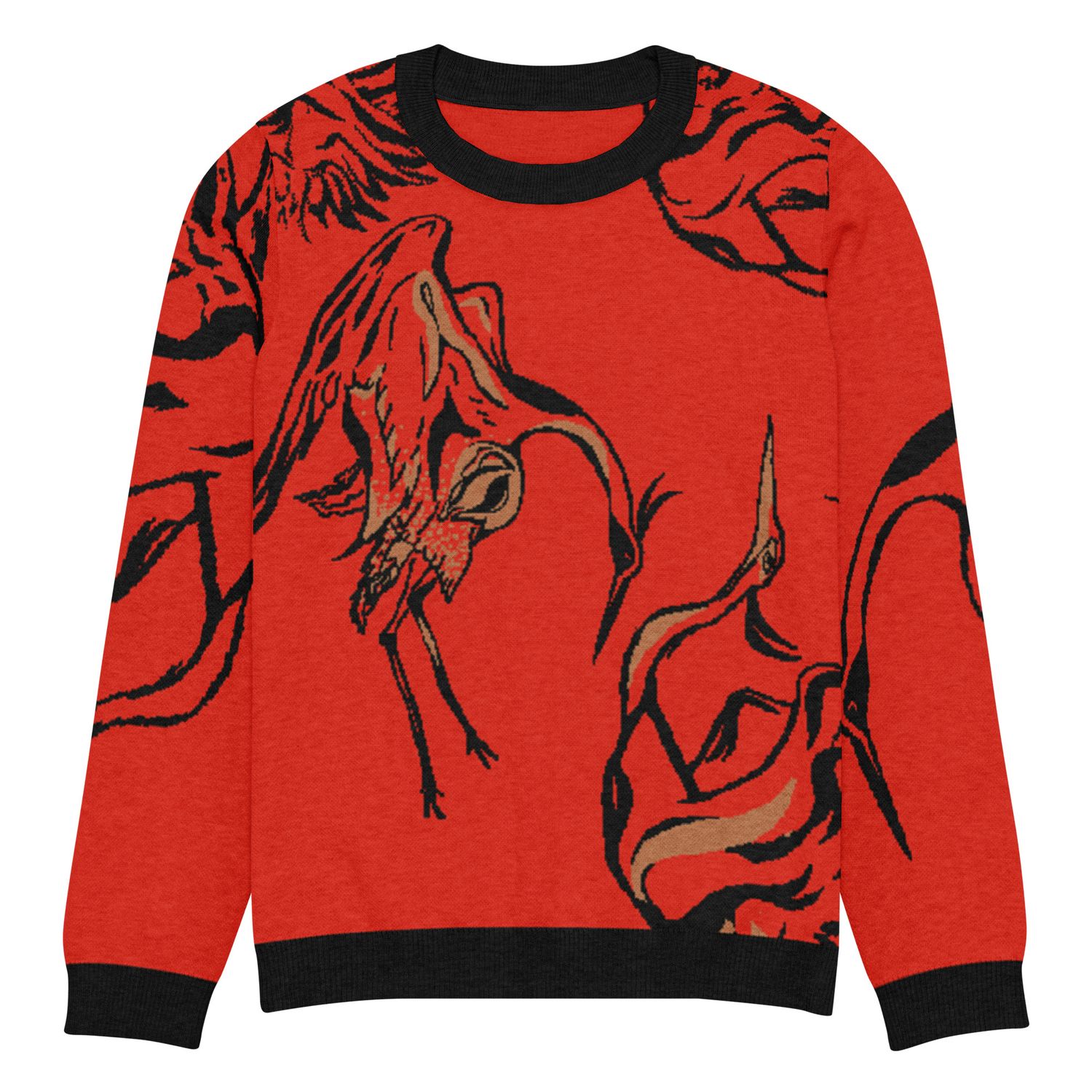 Red cranes, knitted crew neck sweater