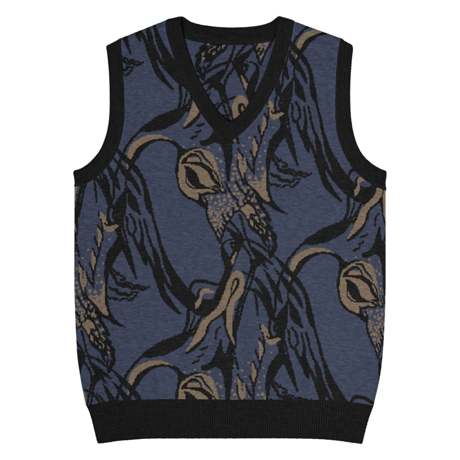 Navy cranes, knit v-neck vest