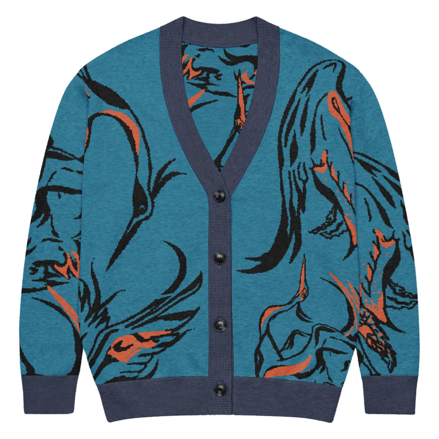 Cranes in blue, knitted cardigan