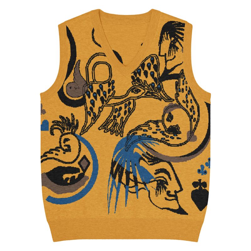 Mustard tatoo, knit V-neck vest