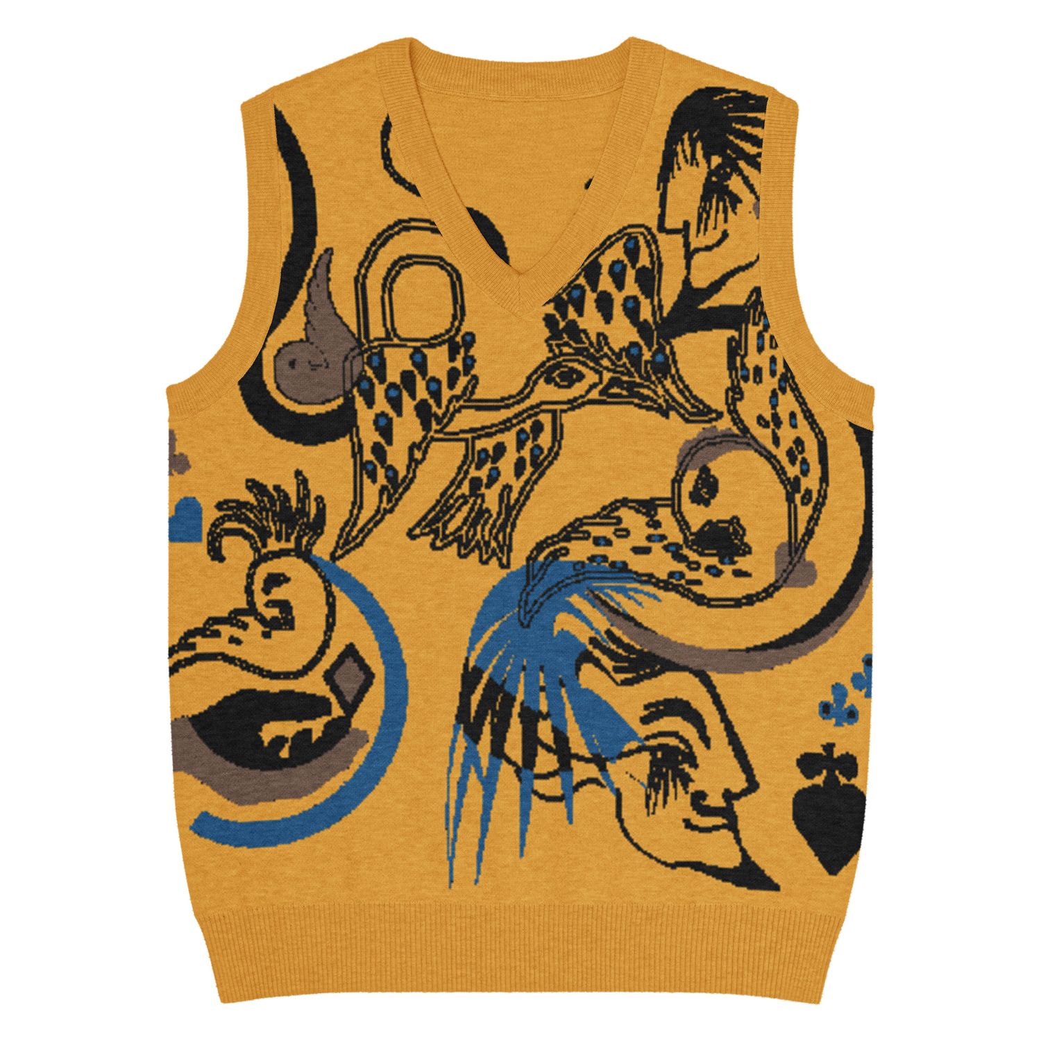 Mustard tatoo, knit V-neck vest