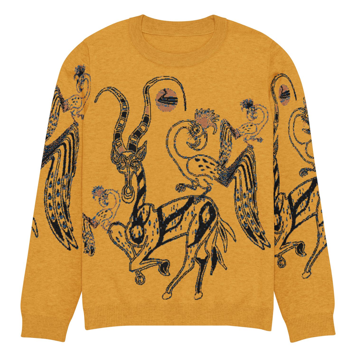Tingatinga mustard tatoo, knitted crew neck sweater