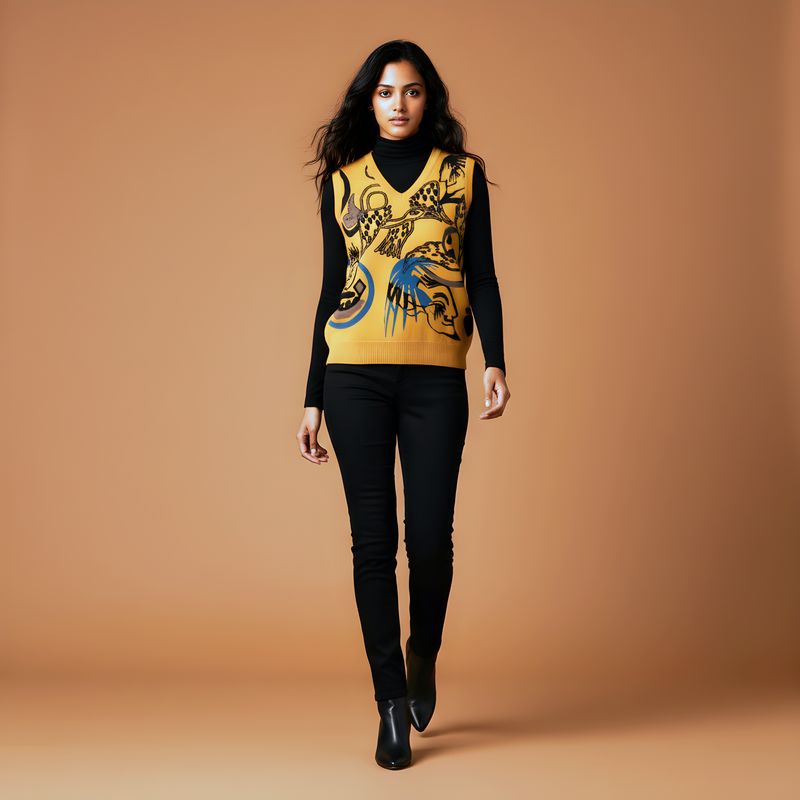 Mustard tatoo, knit V-neck vest