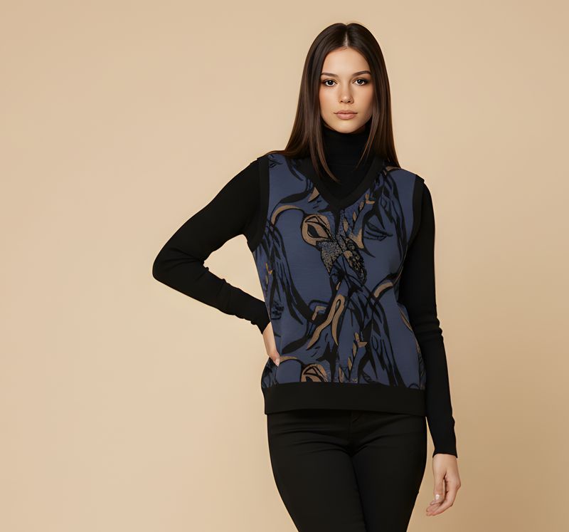 Navy cranes, knit v-neck vest