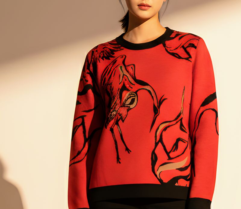 Red cranes, knitted crew neck sweater