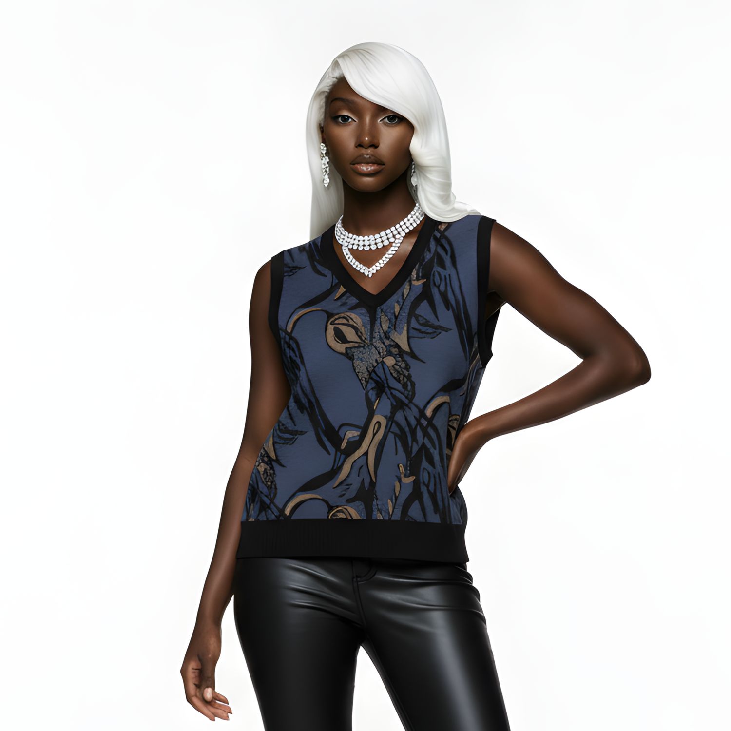 Navy cranes, knit v-neck vest