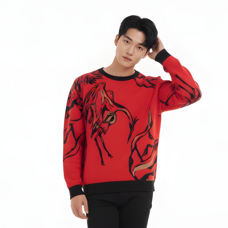 Red cranes, knitted crew neck sweater