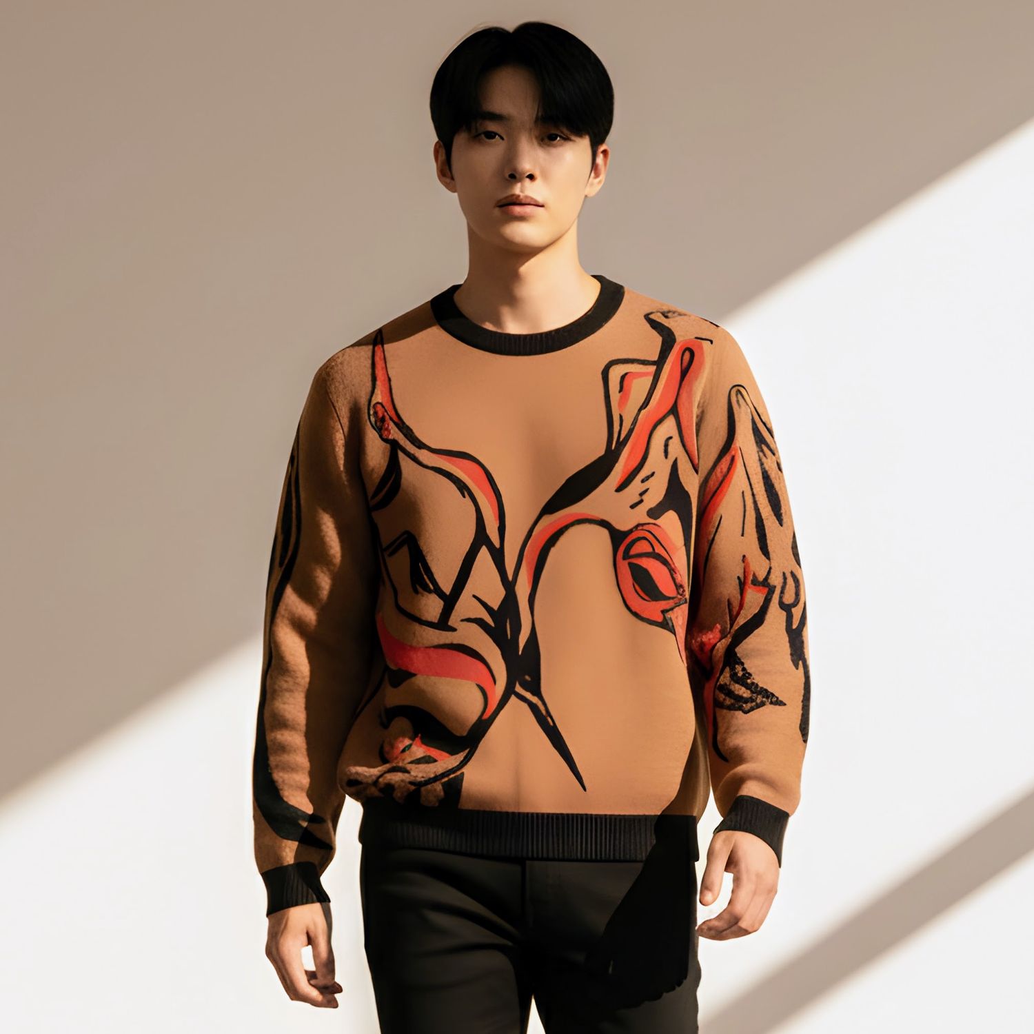Golden cranes, knitted crew neck sweater