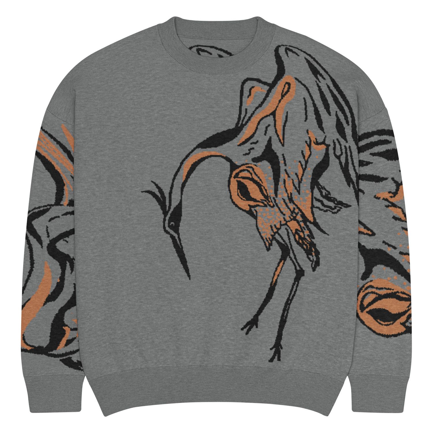 Golden cranes, knitted crew neck sweater