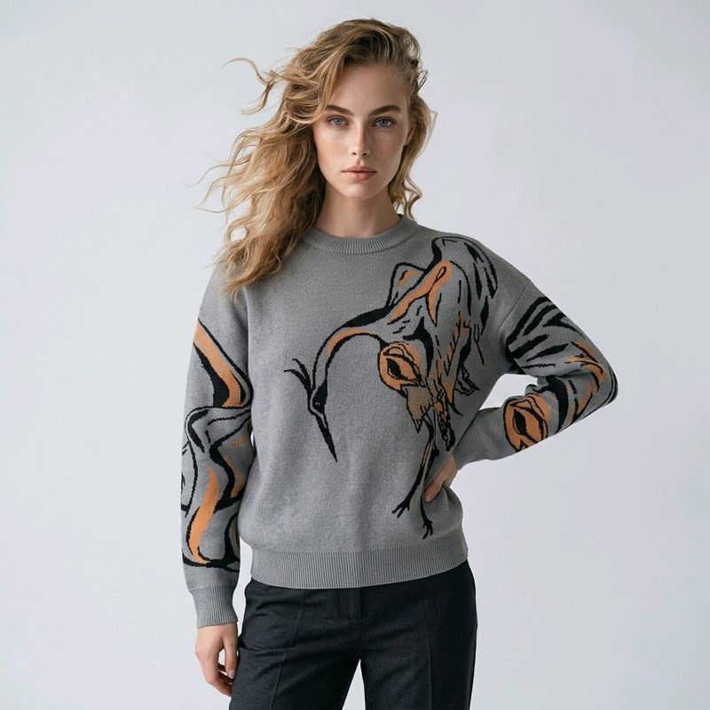 Grey cranes, knitted crew neck sweater