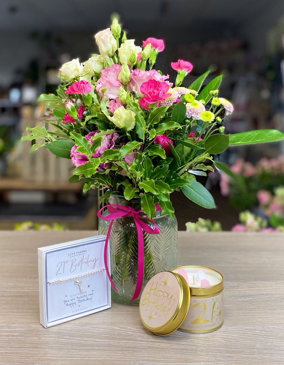21st Birthday Flowers Candle and Bracelet