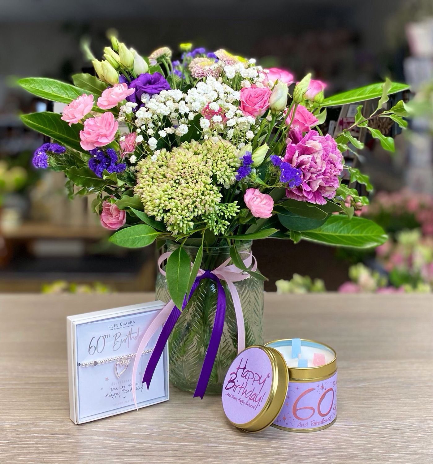 60th Birthday Flowers Candle and Bracelet