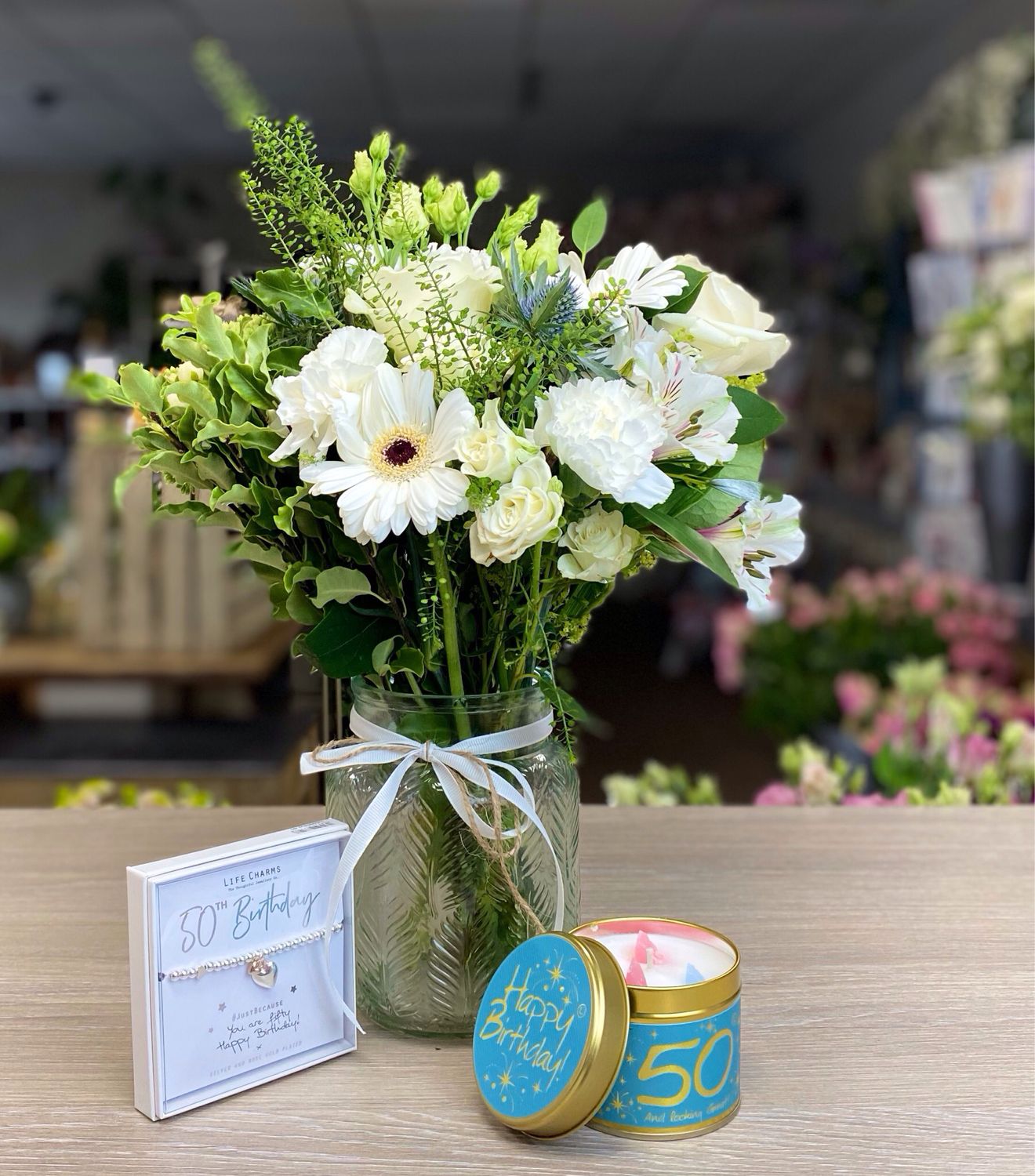 50th Birthday Flowers Candle and Bracelet