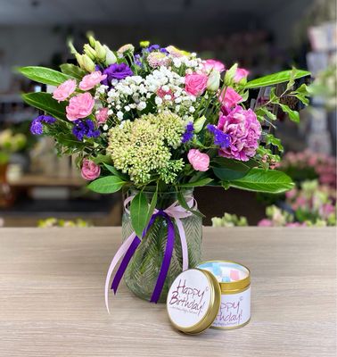 Happy Birthday Flowers Candle and Bracelet