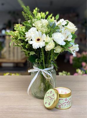 Happy Birthday Sister Flowers Candle And Card