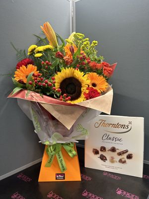 Seasonal 'Hand-tied bouquet with Thornton's Chocolates