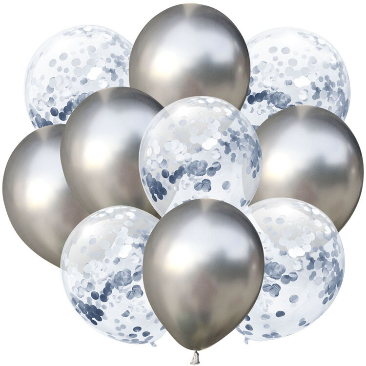 Chrome Silver Confetti Latex Balloon Bouquet with Helium