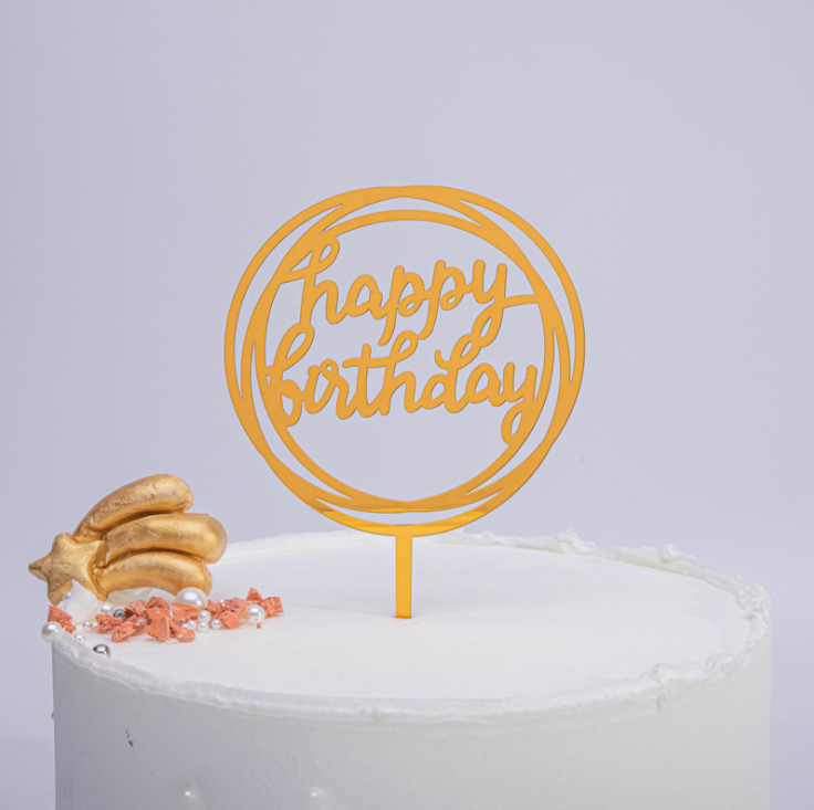 Cake Topper Round Gold Happy Birthday